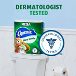Charmin Ultra Gentle pack placed on a toilet tank alongside a large circular 'dermatologist tested' badge.
