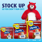 Graphic showing three Charmin Ultra Strong package sizes with a red bear mascot and 'Stock up so you don't run out!' headline