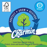Charmin branded sustainability graphic with tree icon and Protect • Grow • Restore circular arrow