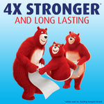 Three red Charmin bears holding and displaying a sheet of toilet paper under '4X stronger and long lasting' text