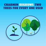 Blue environmental graphic stating 'Charmin regrows two trees for every one used' with simple tree and seedling icons