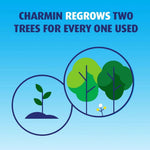 Illustrated sustainability graphic showing a small sapling and two mature trees with text about regrowing trees.