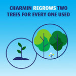 Illustrated infographic on blue background showing seedling and trees with text 'CHARMIN REGROWS TWO TREES FOR EVERY ONE USED'.