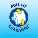 Illustrated icon of a toilet paper roll with arrows and text reading roll fit guarantee on blue background
