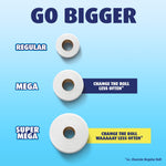 Infographic comparing regular, mega and super mega toilet paper rolls with text 'Go Bigger' on a blue background
