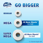 Size comparison infographic showing regular, mega and super mega Charmin rolls with 'Go Bigger' headline.
