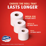 Graphic comparing three roll sizes (Mega, Mega XL, Mega XXL) showing relative sheet counts with Charmin Ultra Strong logo
