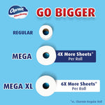 Graphic showing three roll sizes labeled Regular, Mega and Mega XL with claims about more sheets per roll