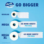 Graphic showing three toilet paper roll sizes (regular, mega, mega XL) with text 'Go Bigger' and Charmin Ultra Soft logo