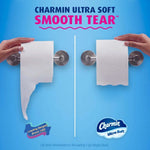 Side-by-side comparison of two toilet paper rolls showing smoother tear for Charmin Ultra Soft