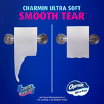 Two toilet paper rolls on dispensers comparing ragged tear versus Charmin Ultra Soft smooth tear under bold headline.