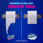 Side-by-side toilet paper rolls on holders illustrating jagged tear for a leading brand versus smooth tear for Charmin Ultra Soft.