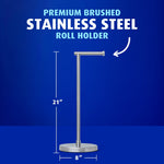 Graphic of a brushed stainless steel freestanding roll holder with dimensions labeled 21 inches tall and 8 inches base width.