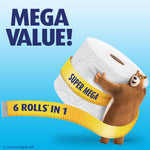Graphic of a Charmin Super Mega toilet paper roll wrapped by a measuring tape with mega value headline