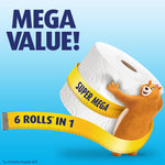 Illustration of a Charmin bear hugging a giant roll wrapped with a yellow tape labeled “Super Mega” and text reading “Mega Value!”