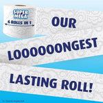 Graphic showing a Super Mega Charmin roll and long strips of embossed toilet paper with large text 'Our Loooooongest Lasting Roll!'.