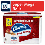 Packaged Charmin Ultra Strong toilet paper in red Super Mega pack with Charmin logo and bear mascot