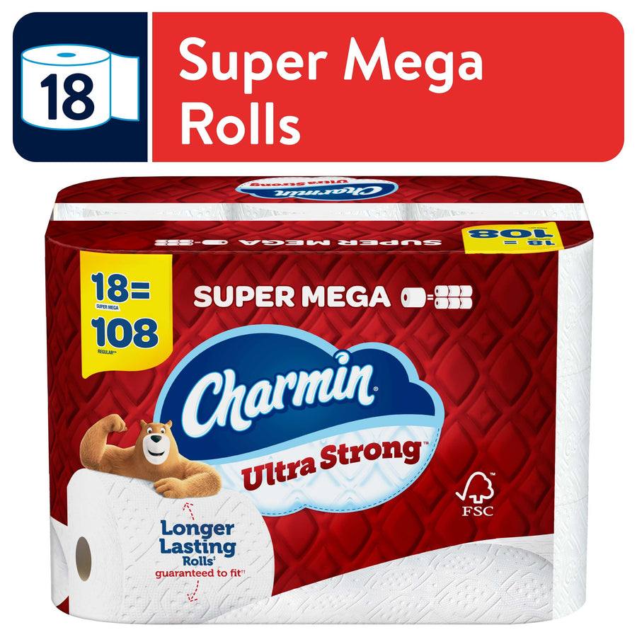 Packaged Charmin Ultra Strong toilet paper in red Super Mega pack with Charmin logo and bear mascot