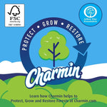 Charmin sustainability graphic with tree icon, Protect Grow Restore circle and brand logo