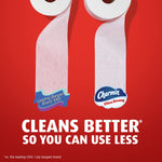 Two toilet paper strips hanging side by side comparing textures, Charmin Ultra Strong logo on right strip against red background