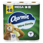 Close-up front image of Charmin Ultra Gentle mega pack showing bear mascot, Charmin logo and dermatologist tested seal.