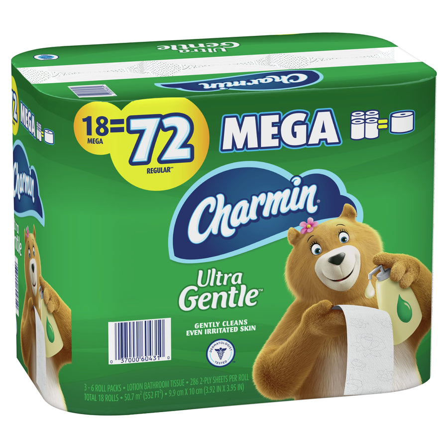Green Charmin Ultra Gentle toilet paper mega pack showing mascot bear and product branding