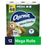 Front-facing Charmin Ultra Gentle mega pack with green packaging and bear mascot holding lotion bottle.