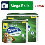 Green Charmin Ultra Gentle mega pack with the bear mascot and product branding, two stacked packs visible.