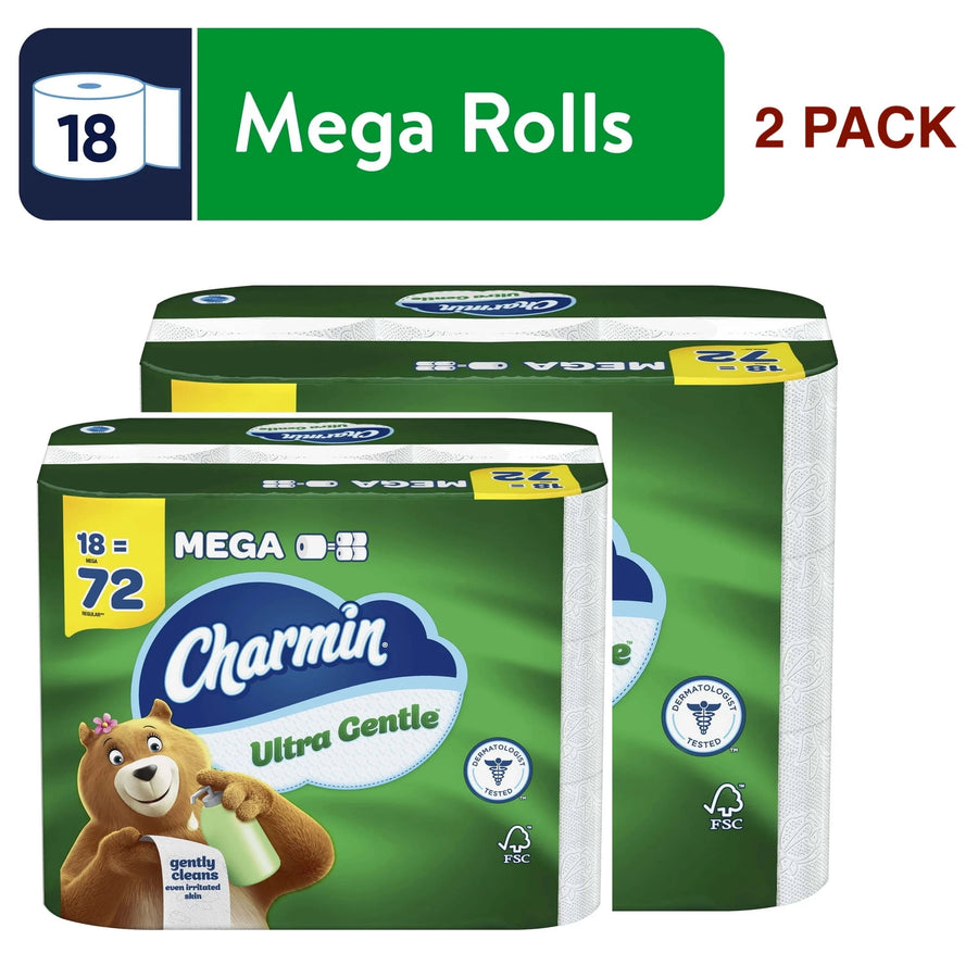Green Charmin Ultra Gentle mega pack with the bear mascot and product branding, two stacked packs visible.