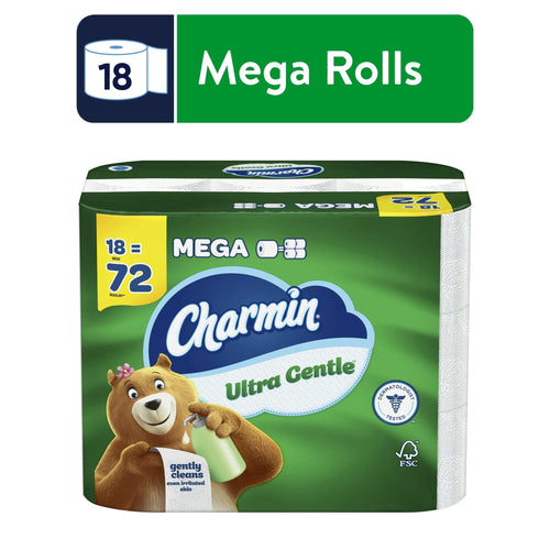 Packaged Charmin Ultra Gentle toilet paper in green wrap showing bear mascot, Charmin logo and 'Mega Rolls' callouts