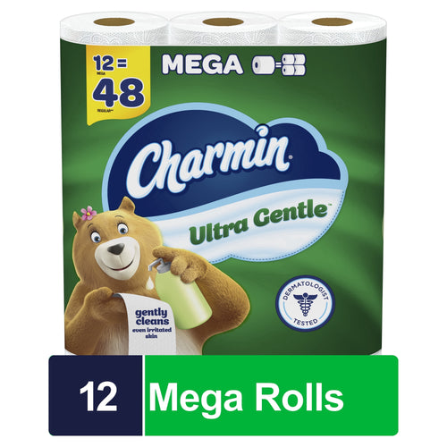 Charmin Ultra Gentle toilet paper pack with bear mascot on green packaging labeled Mega Rolls