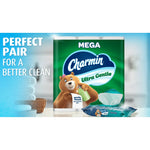 Charmin Ultra Gentle package shown with facial towels and a pack of Charmin wipes and 'Perfect pair for a better clean' text.