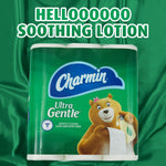 Charmin Ultra Gentle package on green draped background with large headline text above