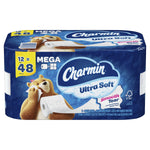 Charmin Ultra Soft 12-mega-roll pack shown in blue packaging with the Charmin logo and bear mascot