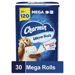 Front-facing pack of Charmin Ultra Soft toilet paper showing bear mascot and 'Mega 30 = 120' label on blue packaging.