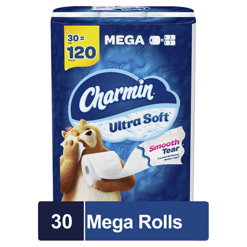 Front-facing pack of Charmin Ultra Soft toilet paper showing bear mascot and 'Mega 30 = 120' label on blue packaging.
