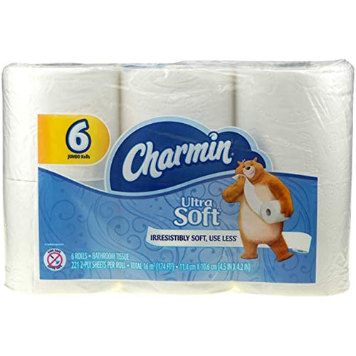 Charmin Ultra Soft packaged bathroom tissue with brand logo and mascot bear holding a roll, labeled 6 jumbo rolls