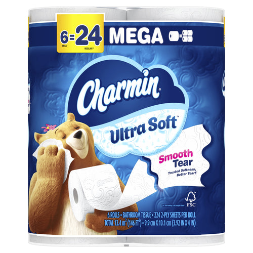 Front-facing Charmin Ultra Soft 6-mega pack wrapper showing brand logo, bear mascot, 'Smooth Tear' callout and mega-to-regular equivalency.