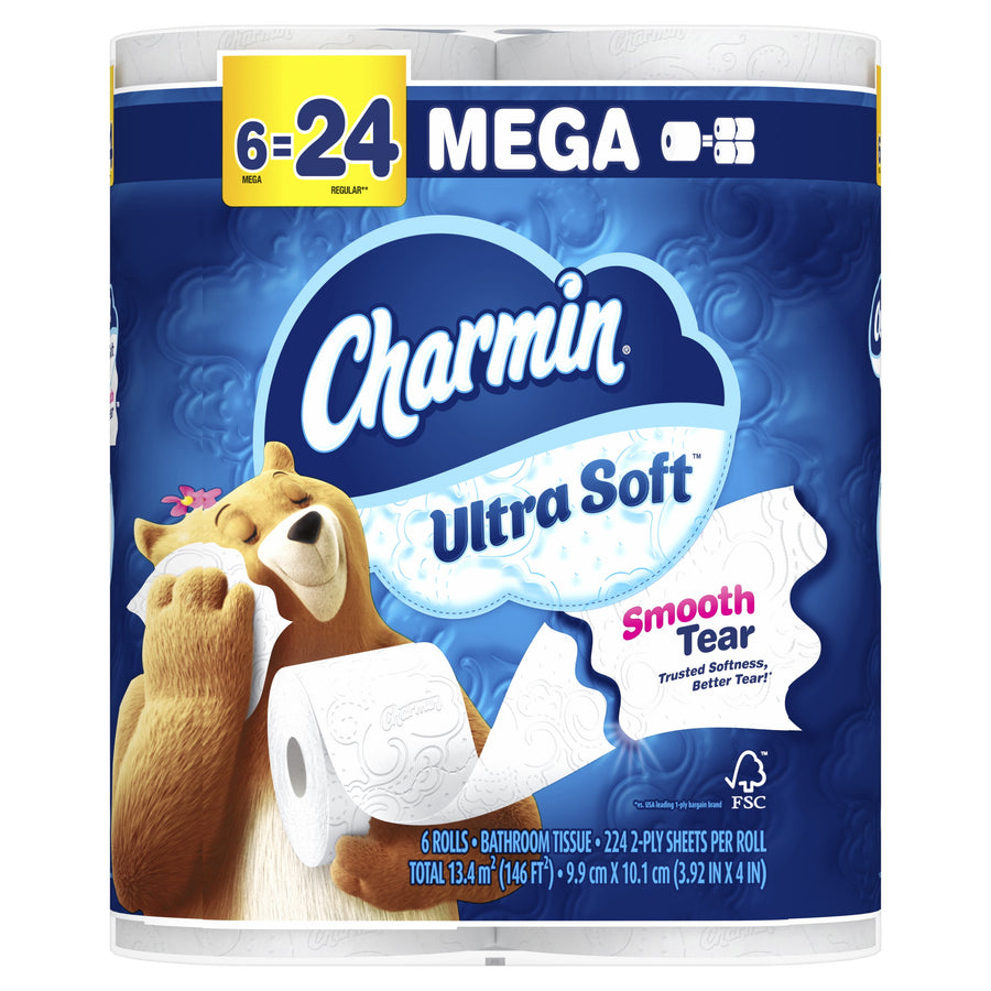 Front-facing Charmin Ultra Soft 6-mega pack wrapper showing brand logo, bear mascot, 'Smooth Tear' callout and mega-to-regular equivalency.
