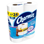 Angled front view of Charmin Ultra Soft toilet paper multi-pack showing logo and packaging graphics