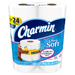Close-up front view of Charmin Ultra Soft toilet paper pack with prominent brand logo and blue design