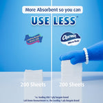 Split comparison graphic showing Charmin Ultra Soft logo and taller stack of 200 sheets versus a bargain brand