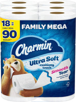 Close-up of Charmin Ultra Soft Family Mega package showing the bear mascot holding a toilet paper roll and bold 'Family Mega' label.