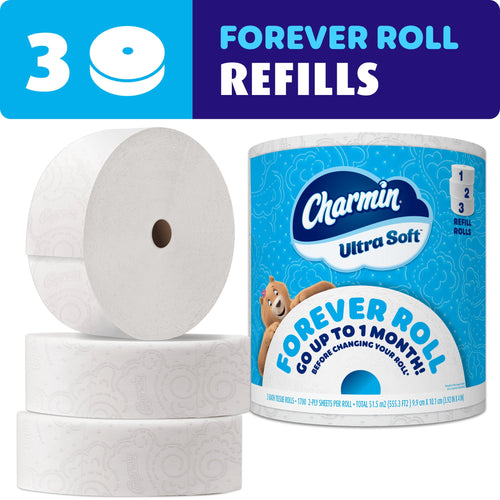 Charmin Ultra Soft Forever Roll package beside three large white refill toilet paper rolls on a white background