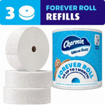 Charmin Ultra Soft Forever Roll packaging and three large white refill rolls displayed on white background.