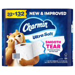 Front-facing Charmin Ultra Soft toilet paper pack with large logo, bear mascot and embossed roll image on blue background.
