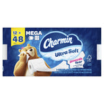 Flat product image of Charmin Ultra Soft 12-mega-roll pack in blue branded packaging on white background