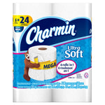 Front of a Charmin Ultra Soft toilet paper pack showing logo, a roll with a measuring tape graphic and blue packaging