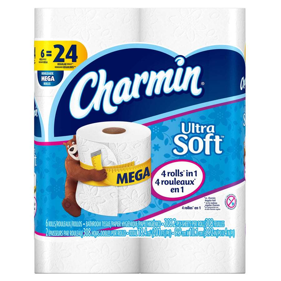 Front of a Charmin Ultra Soft toilet paper pack showing logo, a roll with a measuring tape graphic and blue packaging