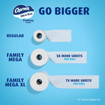 Blue infographic titled 'GO BIGGER' comparing Regular, Family Mega, and Family Mega XL rolls with visual roll lengths and sheet-per-roll claims.